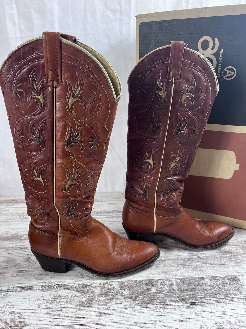 VTG 70s Acme Cowgirl Western Boots Wms 7.5A Tall Flame Inlay Leather W/Box 612